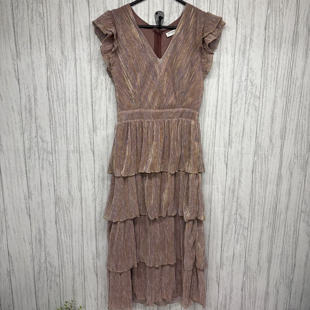 Womens Size S Storia Pink Gold Shimmer Ruffle Dress EUC